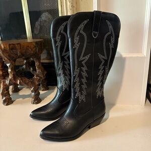Steve Madden Black Western Knee-High Boots with White Stitching